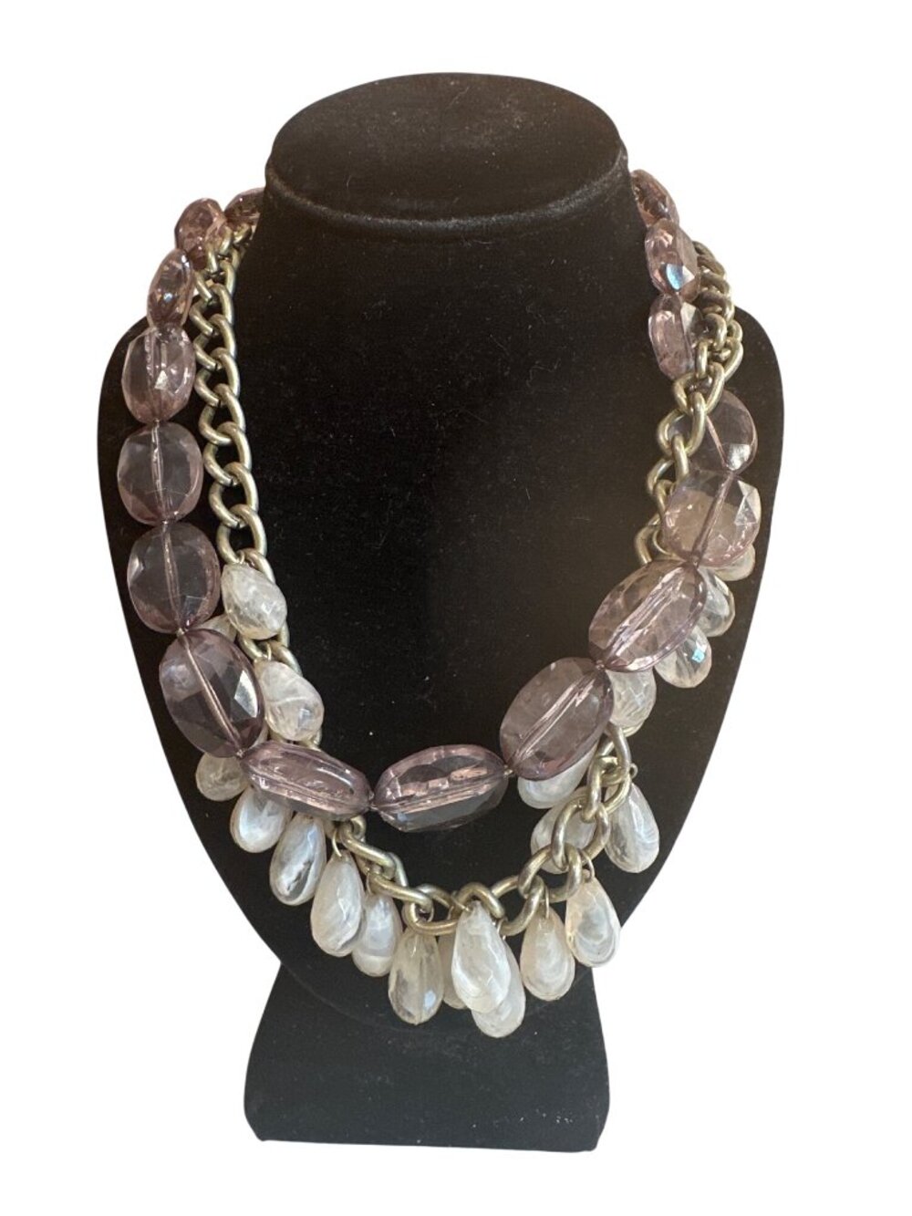 Chunky Beaded Necklace Purple & Cream Gold-Tone Chain Tear-Drop Bead Statement